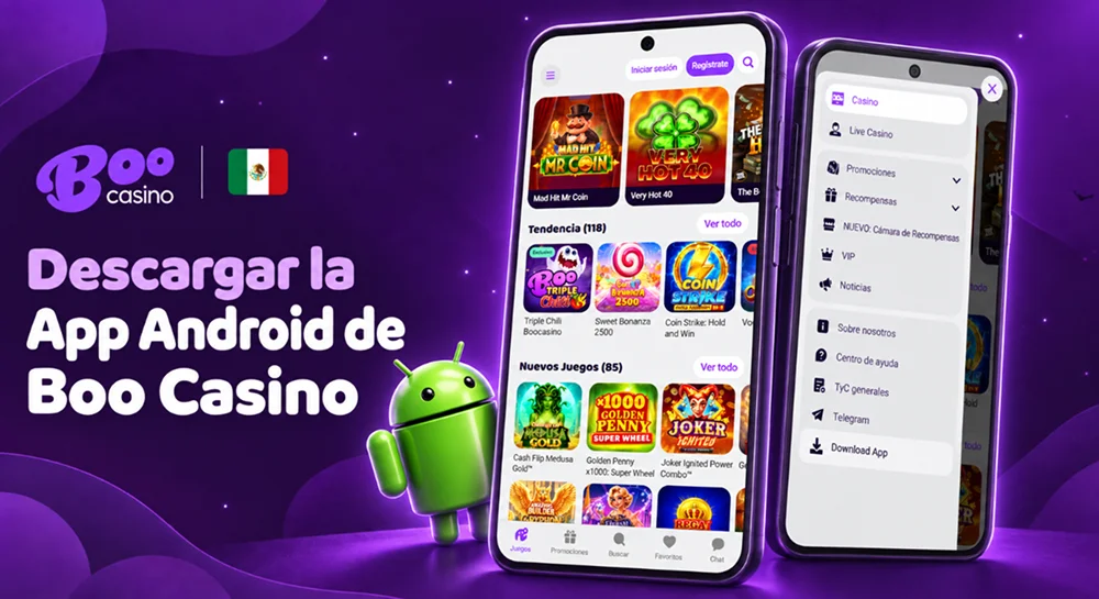 Aplicación de Boo Casino para Android con catálogo de juegos y menú de navegación.