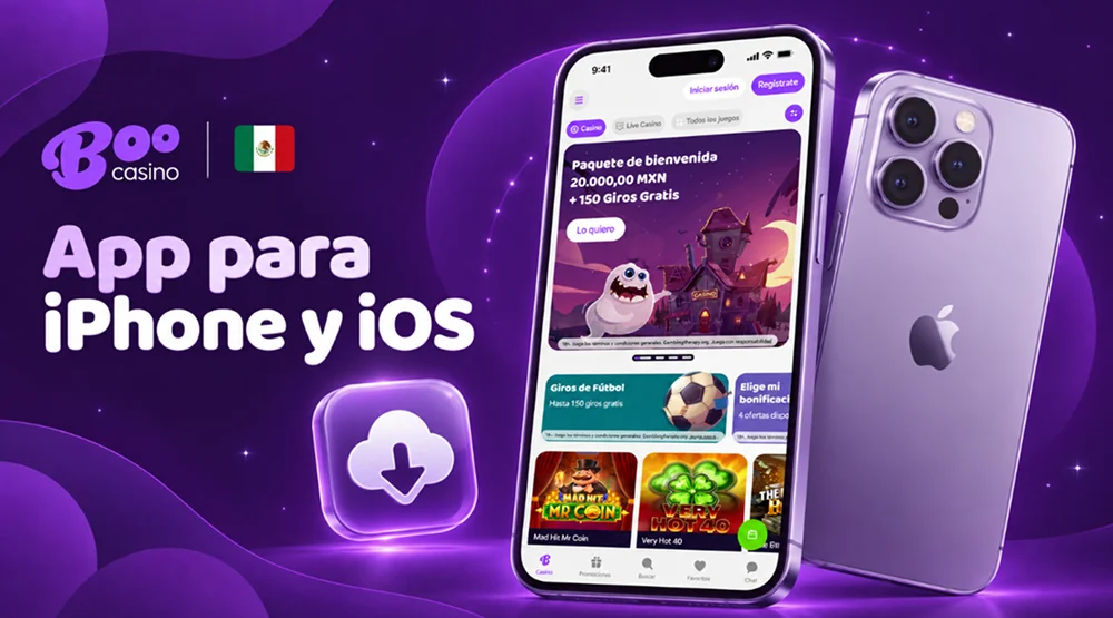 Boo Casino en un iPhone con la promoción de bienvenida y juegos en la pantalla.