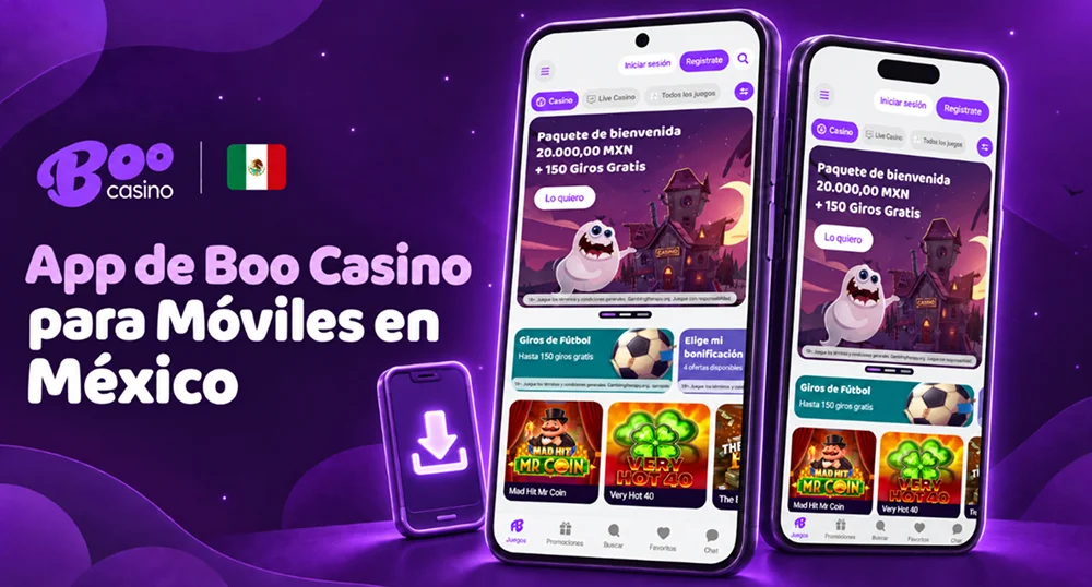 Interfaz móvil de Boo Casino en dos teléfonos, con bono de bienvenida y catálogo de juegos.