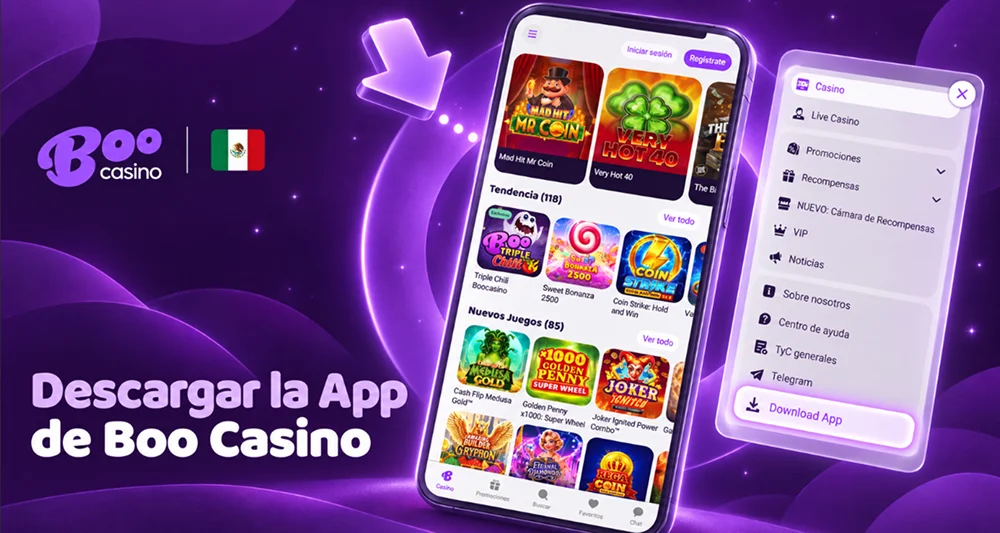 Menú móvil de Boo Casino con la opción Download App resaltada para descargar la aplicación.