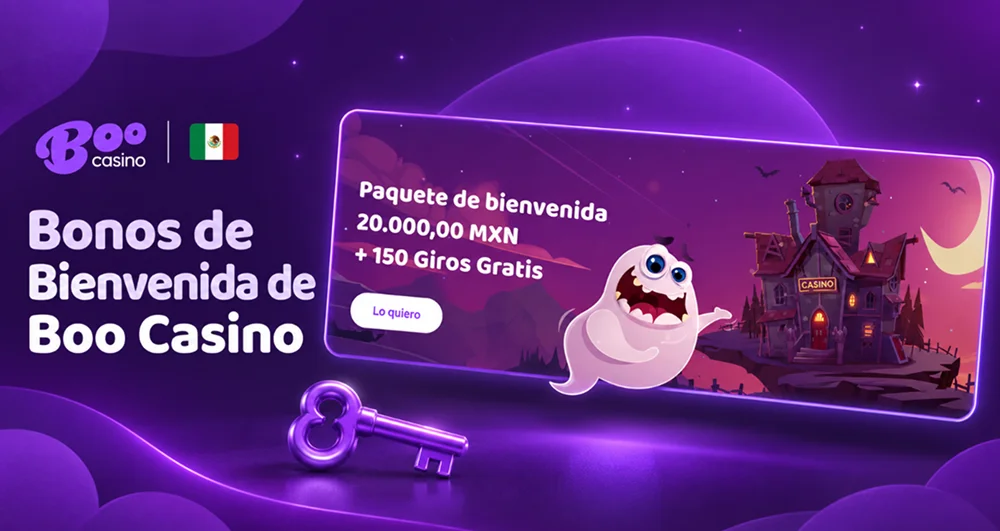 Bono de bienvenida de Boo Casino anunciado con 20.000 MXN y 150 giros gratis.
