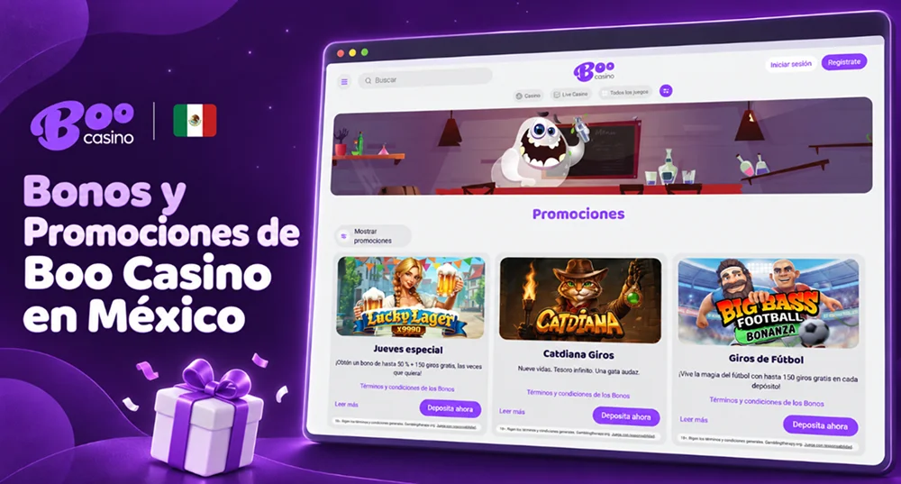 Página de promociones de Boo Casino con Jueves especial, Catdiana Giros y Giros de Fútbol.