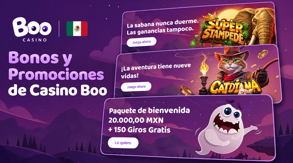 Banners de Super Stampede, Catdiana y el paquete de bienvenida de Boo Casino.