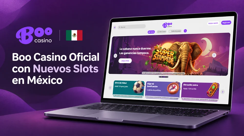 Página de inicio de Boo Casino en una computadora portátil, con juegos y promociones para México.