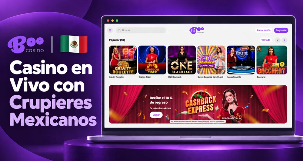 Catálogo de casino en vivo de Boo Casino con ruleta, blackjack, baccarat y una promoción de cashback.