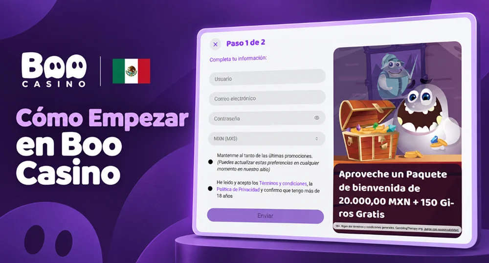 Formulario de registro de Boo Casino con campos de usuario, correo electrónico, contraseña y moneda.