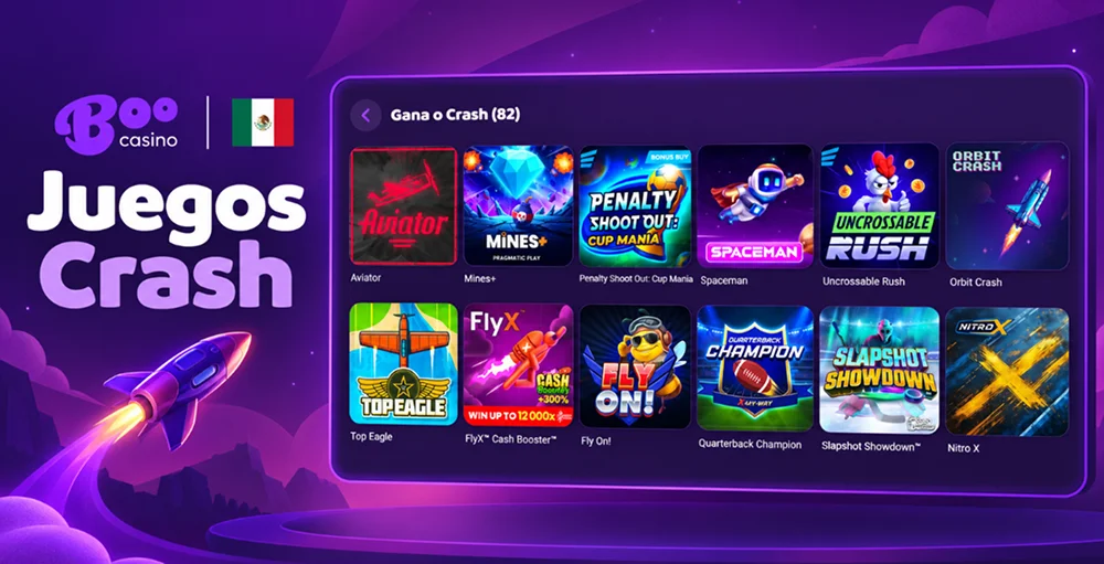 Selección de juegos crash de Boo Casino con Aviator, Spaceman y Orbit Crash.