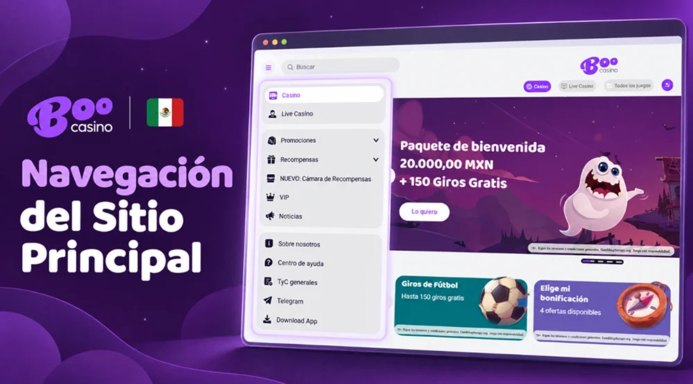 Menú de Boo Casino con acceso a juegos, promociones, recompensas y centro de ayuda.